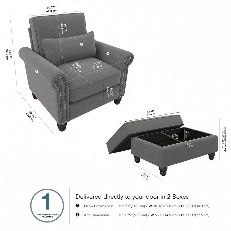 Fauteuil d'appoint avec pouf de rangement et oreiller lombaire