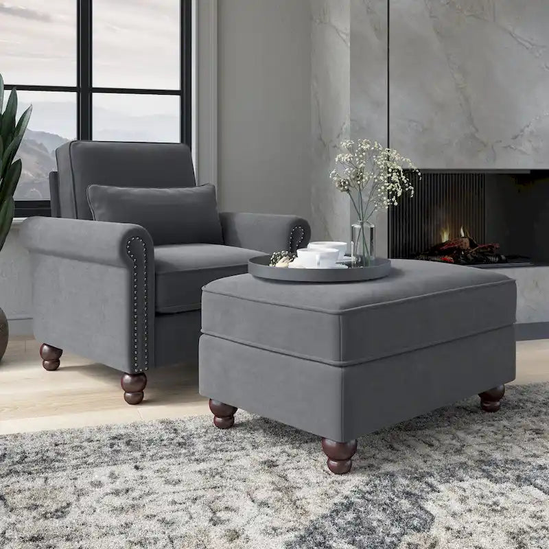 Fauteuil d'appoint avec pouf de rangement et oreiller lombaire