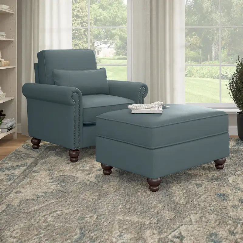 Fauteuil d'appoint avec pouf de rangement et oreiller lombaire