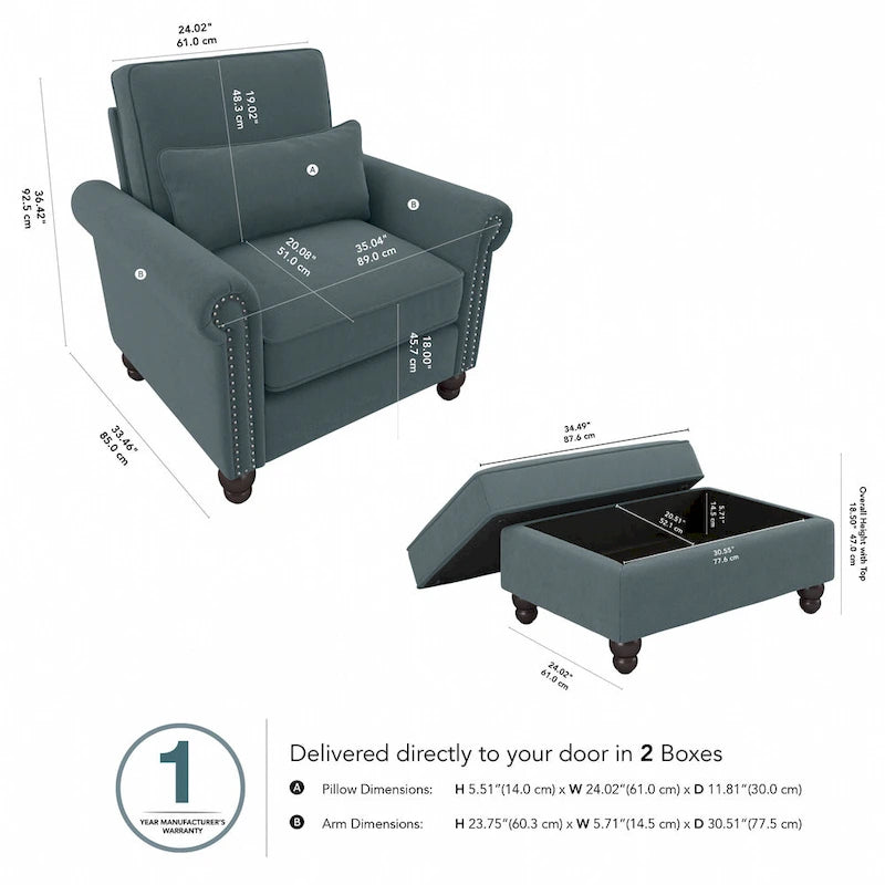 Fauteuil d'appoint avec pouf de rangement et oreiller lombaire
