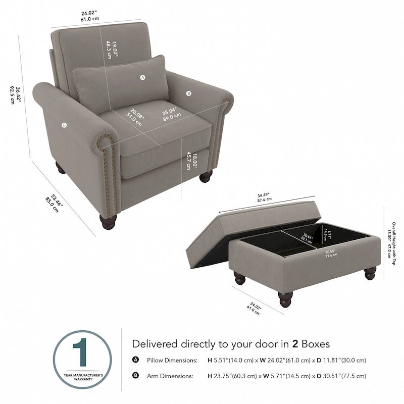 Fauteuil d'appoint avec pouf de rangement et oreiller lombaire