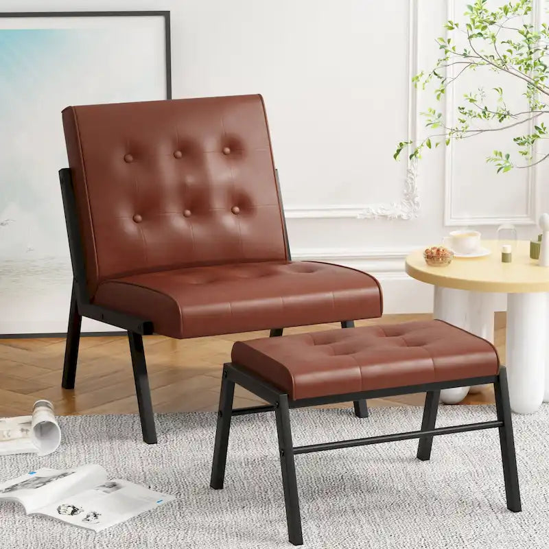 Fauteuil d'appoint sans accoudoirs capitonné en similicuir style Mid-Century avec ottoman, 60 cm de large