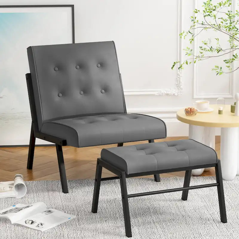 Fauteuil d'appoint sans accoudoirs capitonné en similicuir style Mid-Century avec ottoman, 60 cm de large