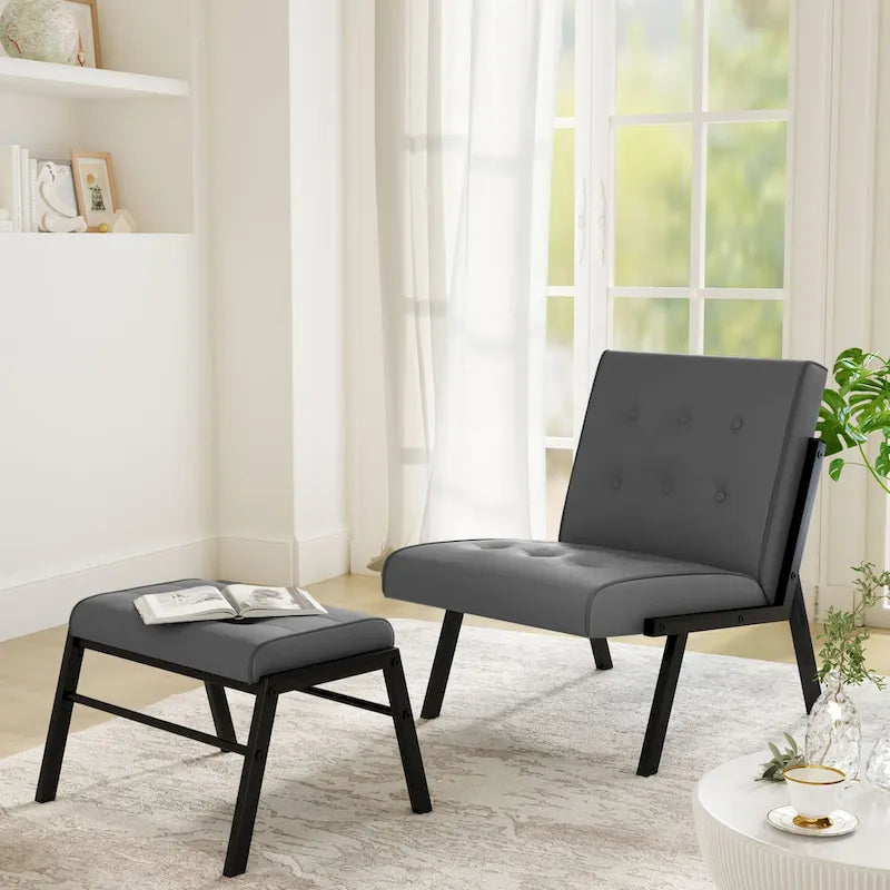 Fauteuil d'appoint sans accoudoirs capitonné en similicuir style Mid-Century avec ottoman, 60 cm de large