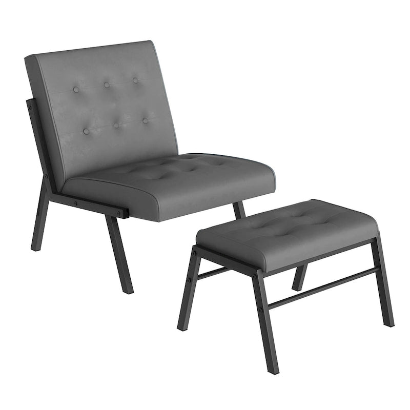 Fauteuil d'appoint sans accoudoirs capitonné en similicuir style Mid-Century avec ottoman, 60 cm de large