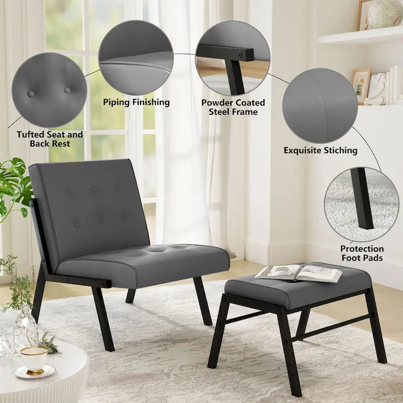 Fauteuil d'appoint sans accoudoirs capitonné en similicuir style Mid-Century avec ottoman, 60 cm de large