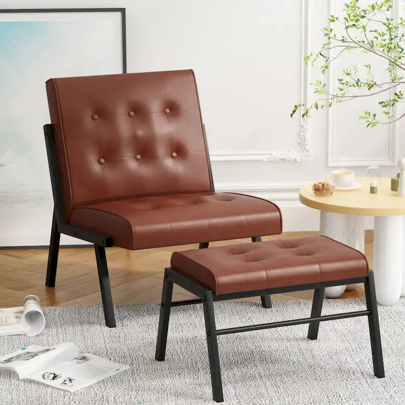 Fauteuil d'appoint sans accoudoirs capitonné en similicuir style Mid-Century avec ottoman, 60 cm de large