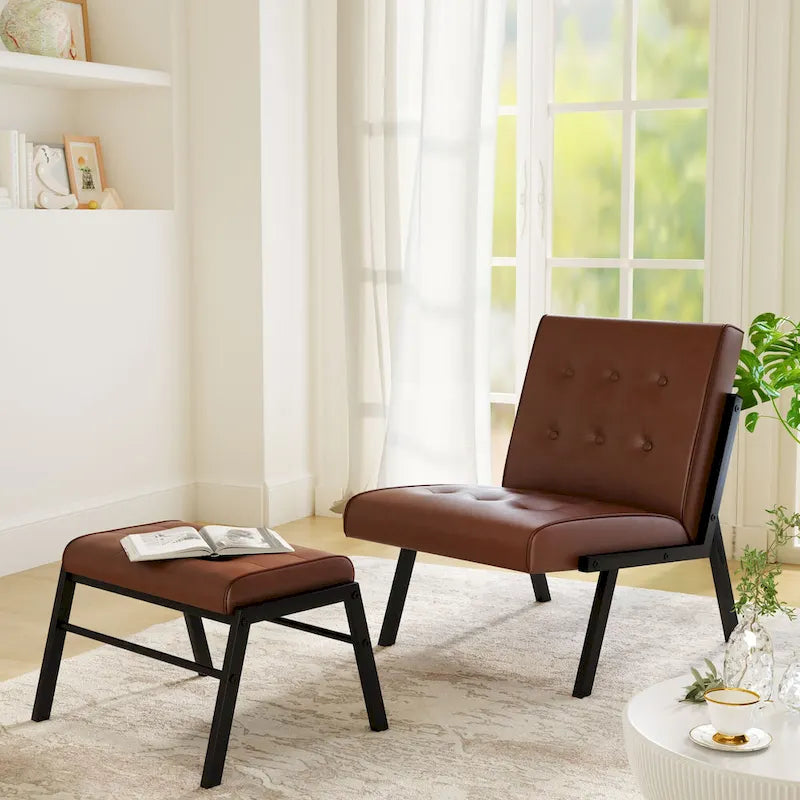 Fauteuil d'appoint sans accoudoirs capitonné en similicuir style Mid-Century avec ottoman, 60 cm de large