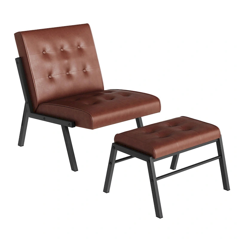 Fauteuil d'appoint sans accoudoirs capitonné en similicuir style Mid-Century avec ottoman, 60 cm de large