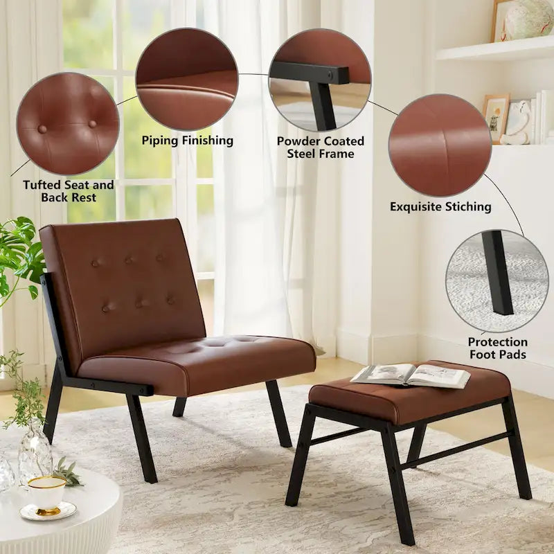 Fauteuil d'appoint sans accoudoirs capitonné en similicuir style Mid-Century avec ottoman, 60 cm de large