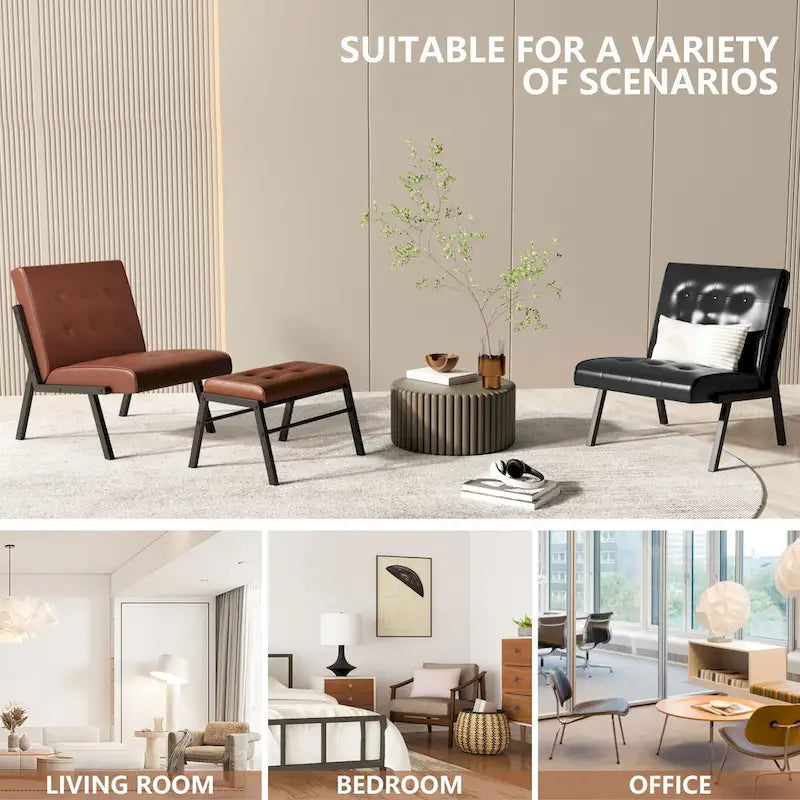 Fauteuil d'appoint sans accoudoirs capitonné en similicuir style Mid-Century avec ottoman, 60 cm de large