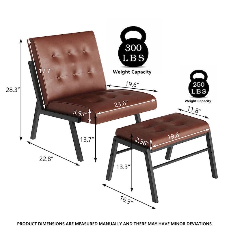 Fauteuil d'appoint sans accoudoirs capitonné en similicuir style Mid-Century avec ottoman, 60 cm de large