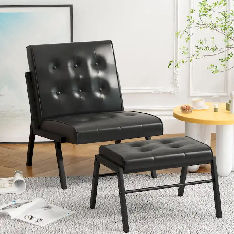 Fauteuil d'appoint sans accoudoirs capitonné en similicuir style Mid-Century avec ottoman, 60 cm de large