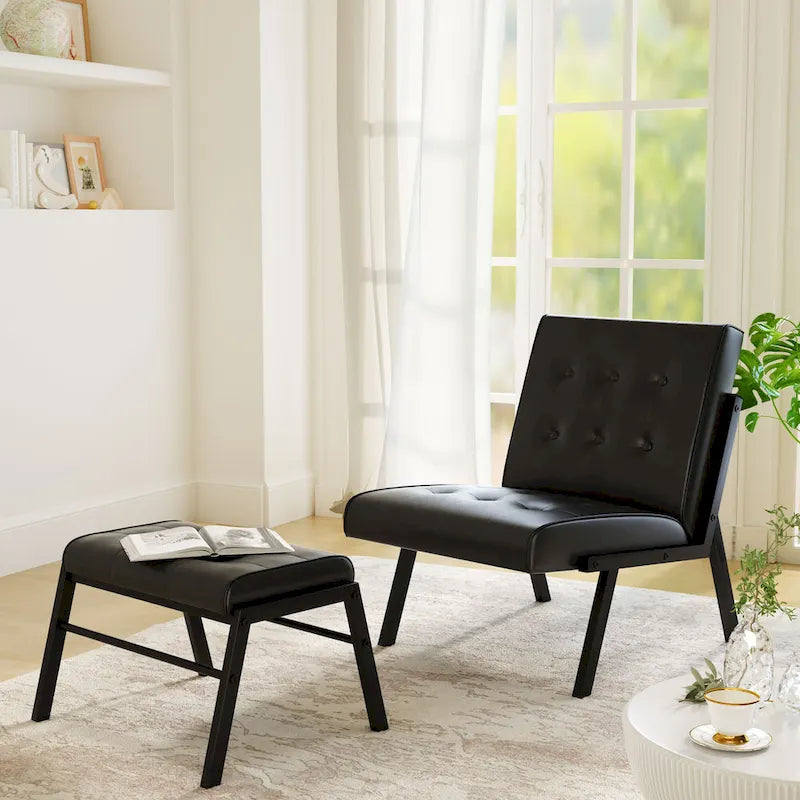 Fauteuil d'appoint sans accoudoirs capitonné en similicuir style Mid-Century avec ottoman, 60 cm de large