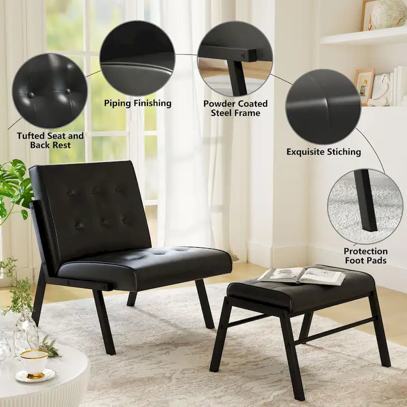 Fauteuil d'appoint sans accoudoirs capitonné en similicuir style Mid-Century avec ottoman, 60 cm de large