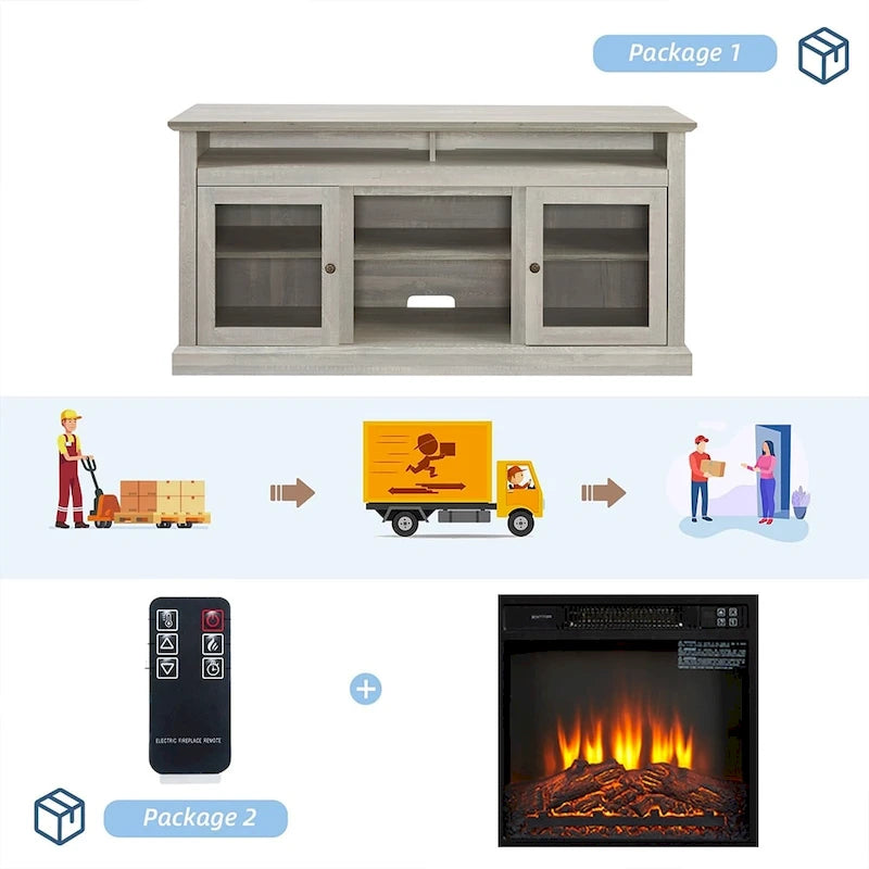 Meuble TV avec cheminée électrique de 60 pouces, étagères réglables et armoires