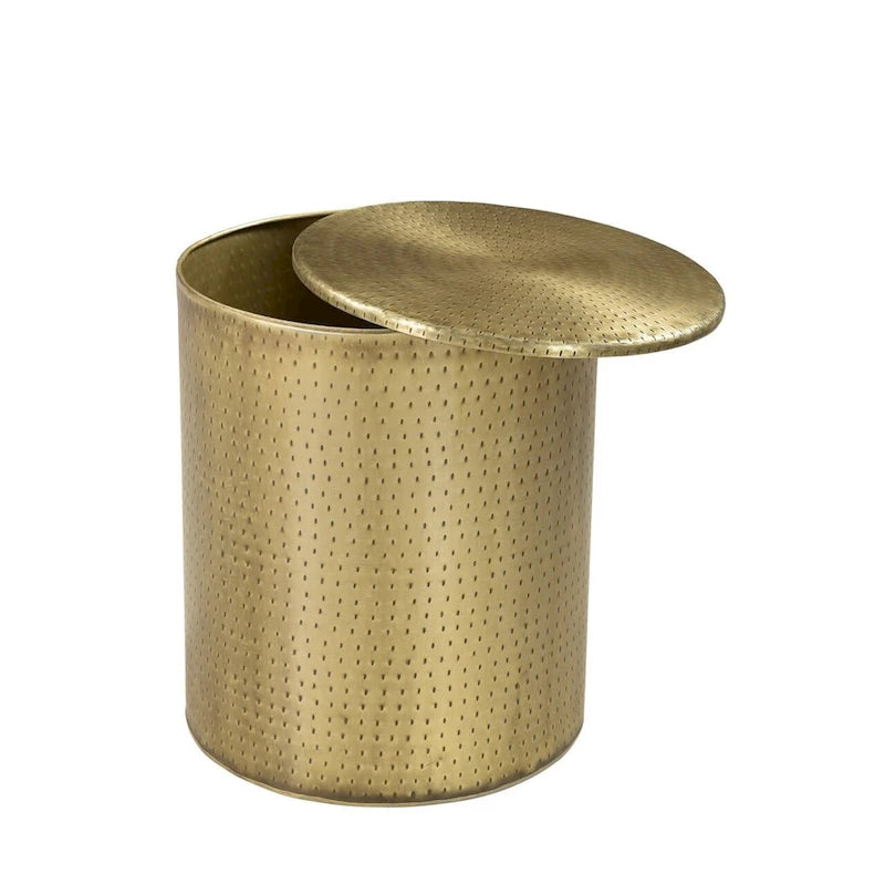 Table d'appoint tambour ronde en fer doré martelé
