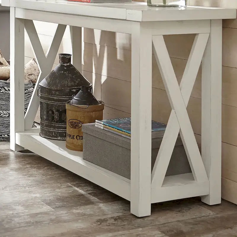 Console blanche avec rangement ouvert