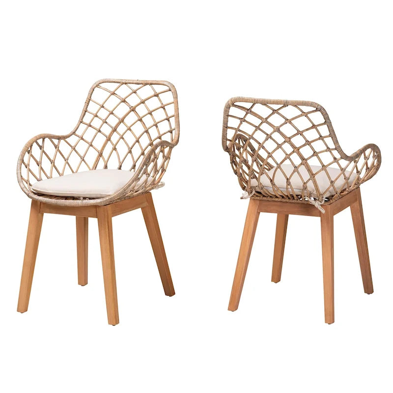 Lot de 2 chaises de salle à manger Bohème en rotin avec coussin et accoudoirs