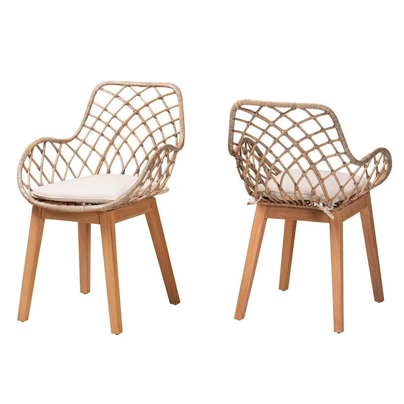 Lot de 2 chaises de salle à manger Bohème en rotin avec coussin et accoudoirs