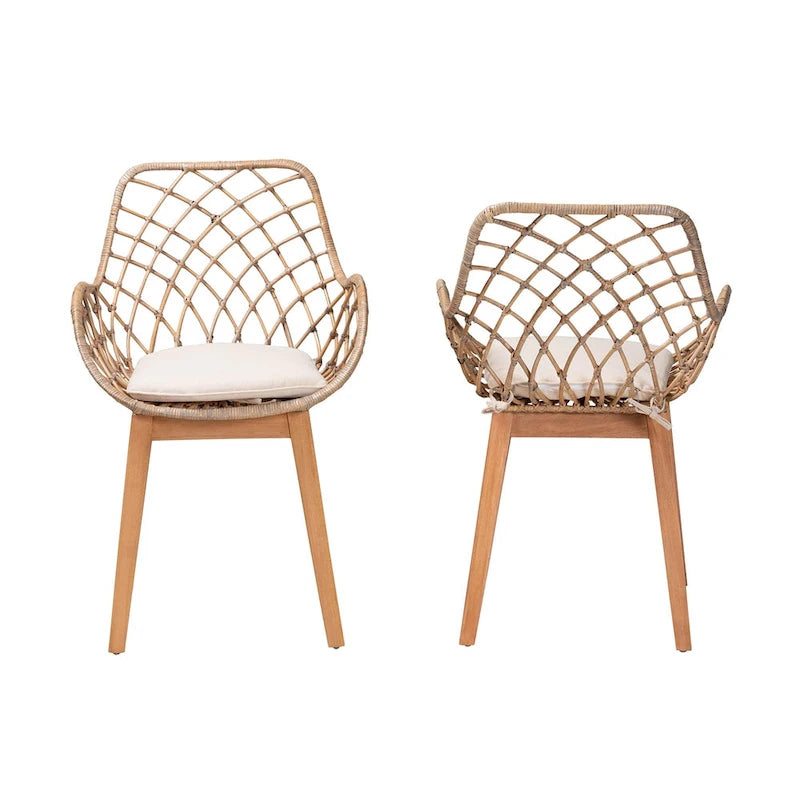 Lot de 2 chaises de salle à manger Bohème en rotin avec coussin et accoudoirs