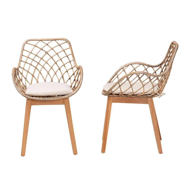 Lot de 2 chaises de salle à manger Bohème en rotin avec coussin et accoudoirs