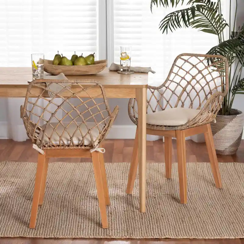 Lot de 2 chaises de salle à manger Bohème en rotin avec coussin et accoudoirs