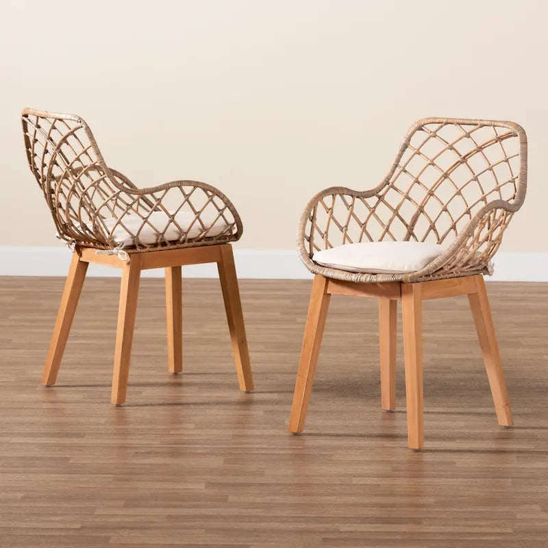 Lot de 2 chaises de salle à manger Bohème en rotin avec coussin et accoudoirs