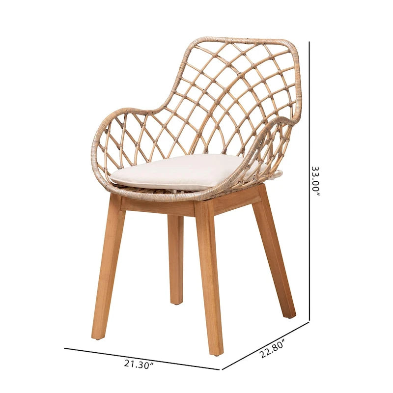 Lot de 2 chaises de salle à manger Bohème en rotin avec coussin et accoudoirs