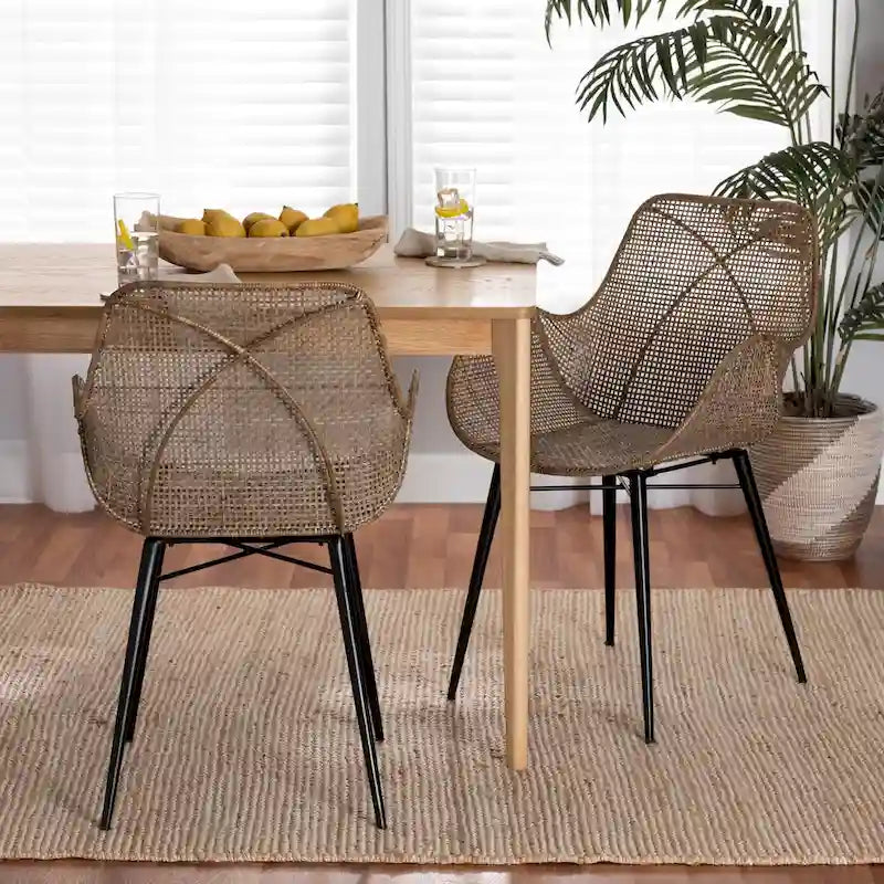 Lot de 2 chaises de salle à manger Bohème en rotin avec coussin et accoudoirs