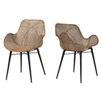 Lot de 2 chaises de salle à manger Bohème en rotin avec coussin et accoudoirs