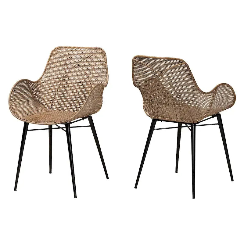 Lot de 2 chaises de salle à manger Bohème en rotin avec coussin et accoudoirs