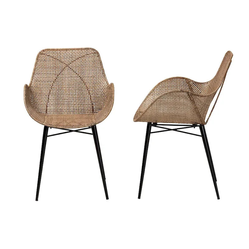 Lot de 2 chaises de salle à manger Bohème en rotin avec coussin et accoudoirs