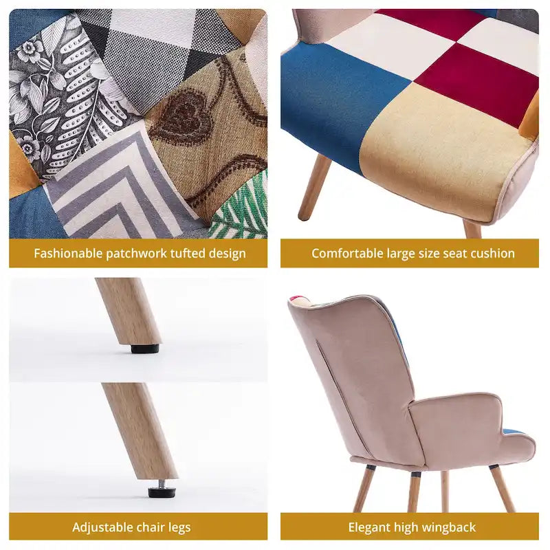Fauteuil d'appoint capitonné à oreilles avec pieds en hévéa et patins ajustables