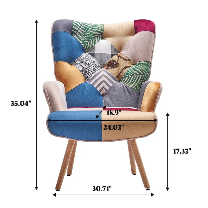 Fauteuil d'appoint capitonné à oreilles avec pieds en hévéa et patins ajustables