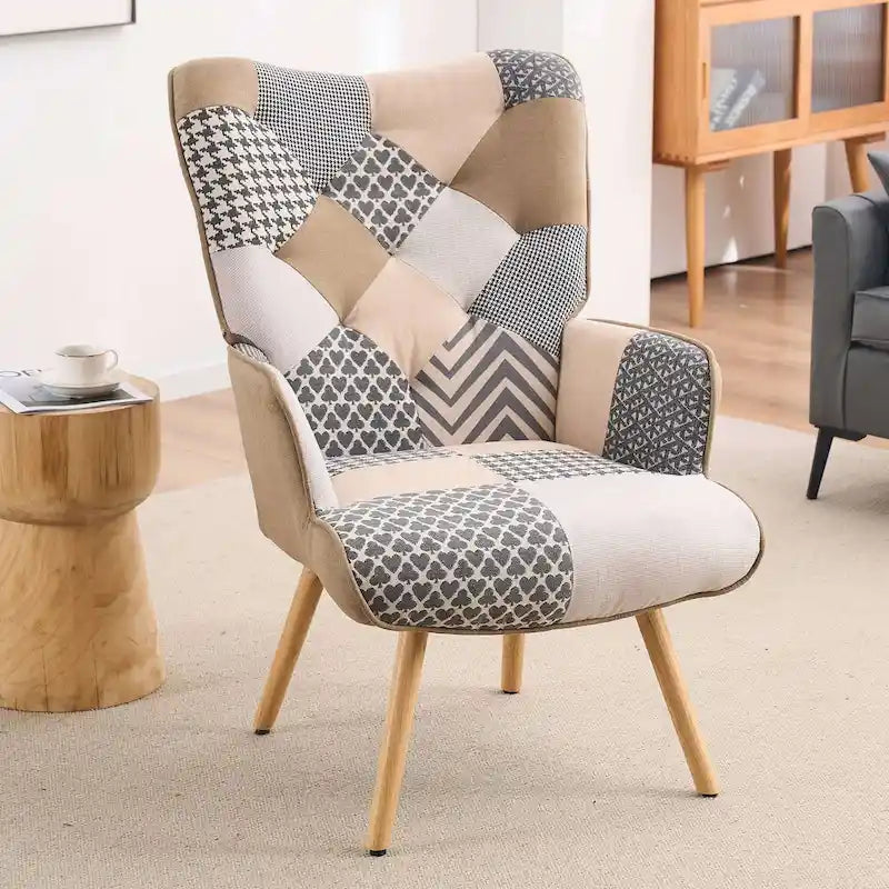 Fauteuil d'appoint capitonné à oreilles avec pieds en hévéa et patins ajustables