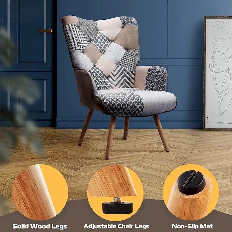 Fauteuil d'appoint capitonné à oreilles avec pieds en hévéa et patins ajustables