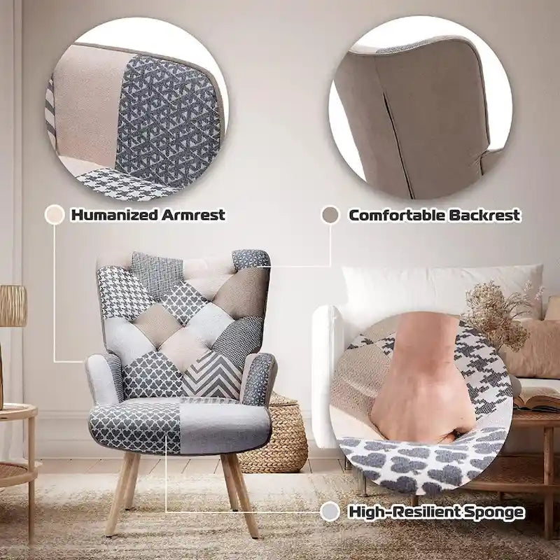 Fauteuil d'appoint capitonné à oreilles avec pieds en hévéa et patins ajustables