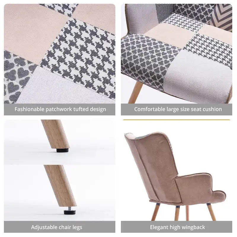 Fauteuil d'appoint capitonné à oreilles avec pieds en hévéa et patins ajustables