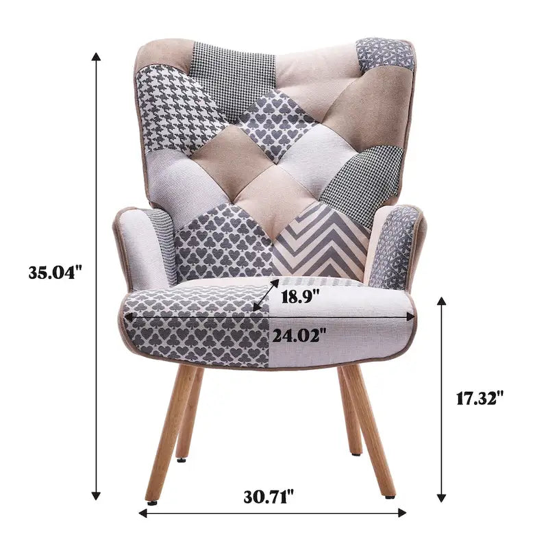 Fauteuil d'appoint capitonné à oreilles avec pieds en hévéa et patins ajustables