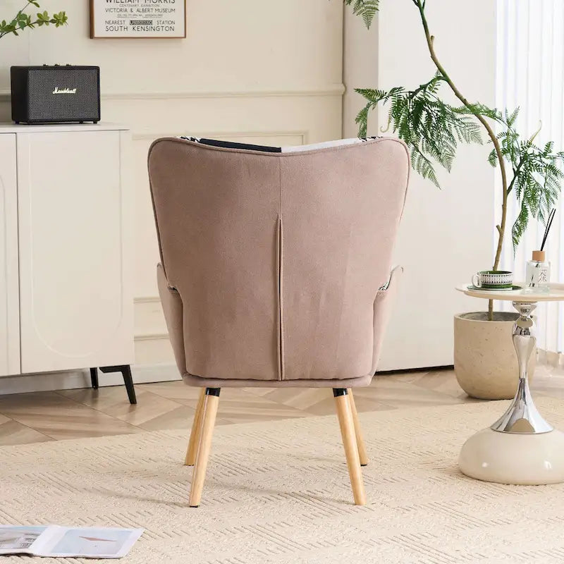 Fauteuil d'appoint capitonné à oreilles avec pieds en hévéa et patins ajustables