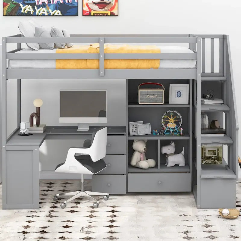 Lit mezzanine simple avec bureau en L, tiroirs, armoire et escalier de rangement – Gris