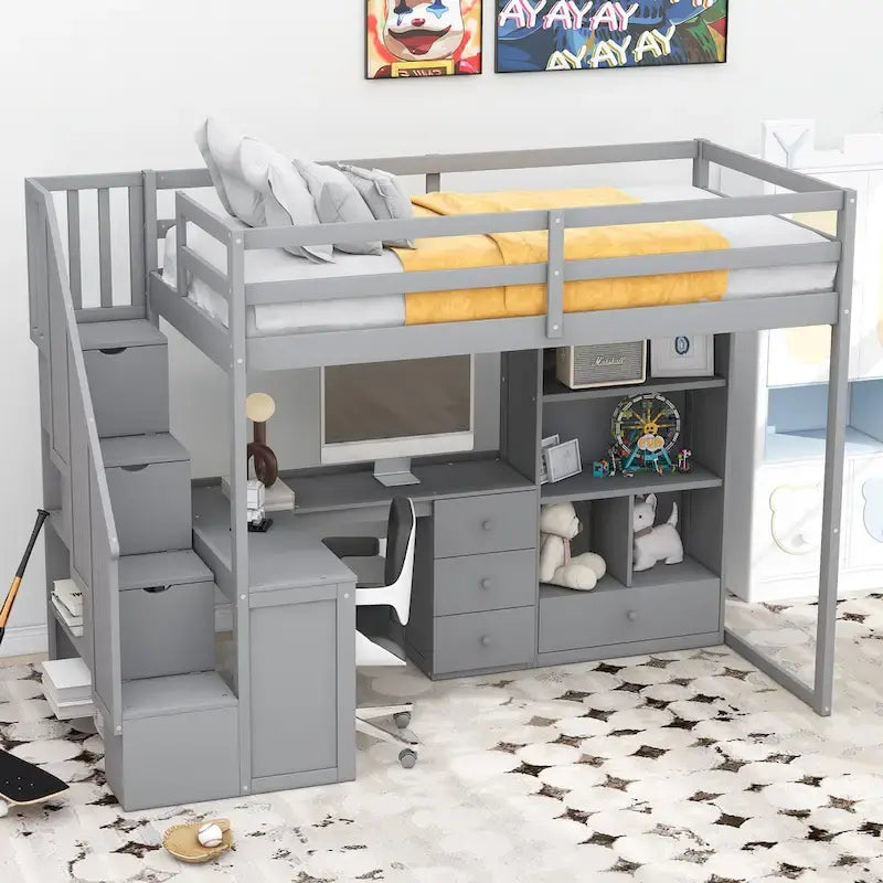 Lit mezzanine simple avec bureau en L, tiroirs, armoire et escalier de rangement – Gris