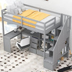 Lit mezzanine simple avec bureau en L, tiroirs, armoire et escalier de rangement – Gris