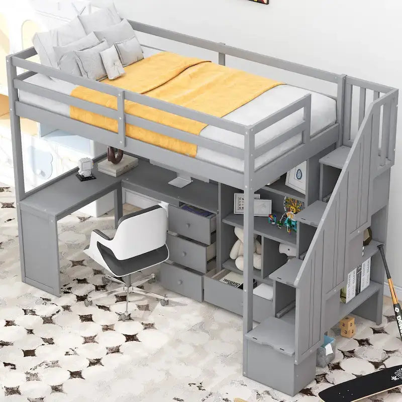 Lit mezzanine simple avec bureau en L, tiroirs, armoire et escalier de rangement – Gris