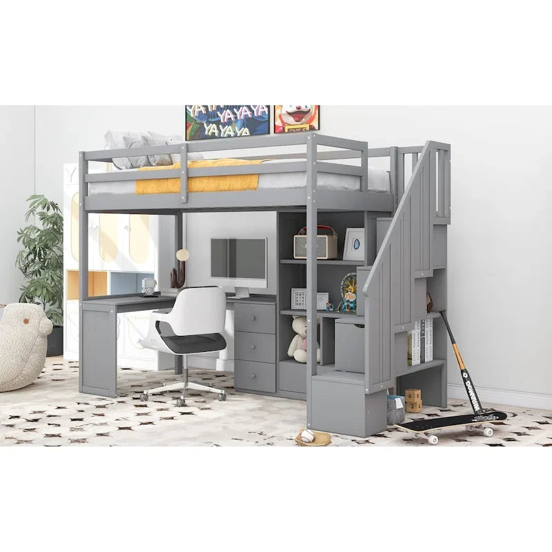 Lit mezzanine simple avec bureau en L, tiroirs, armoire et escalier de rangement – Gris