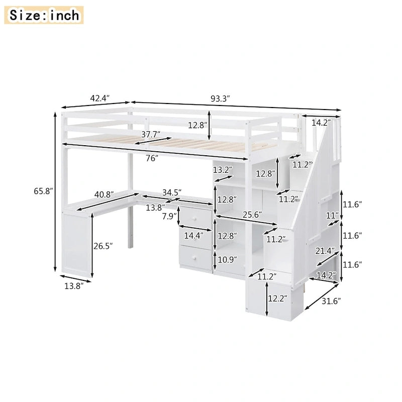 Lit mezzanine simple avec bureau en L, tiroirs, armoire et escalier de rangement – Gris