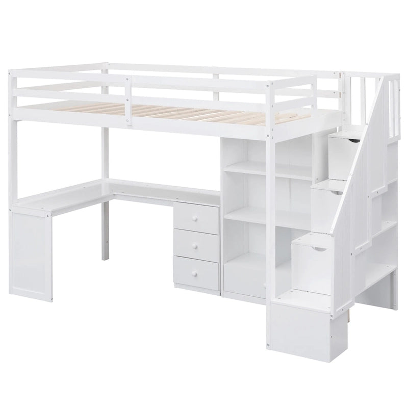 Lit mezzanine simple avec bureau en L, tiroirs, armoire et escalier de rangement – Gris