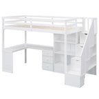 Lit mezzanine simple avec bureau en L, tiroirs, armoire et escalier de rangement – Gris