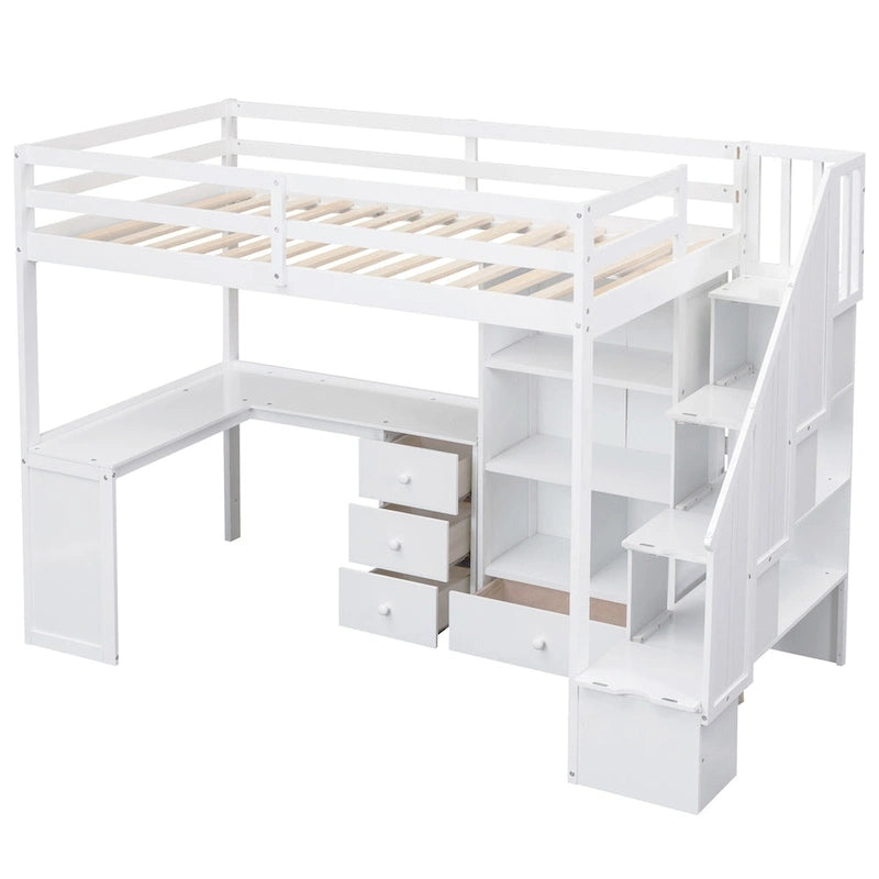 Lit mezzanine simple avec bureau en L, tiroirs, armoire et escalier de rangement – Gris